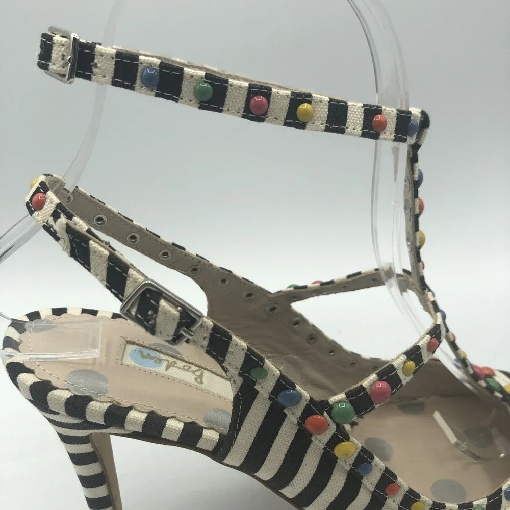 Boden Ashley Striped Courts heels Pumps Spain Studded Double T Bar Straps Sz 5.5